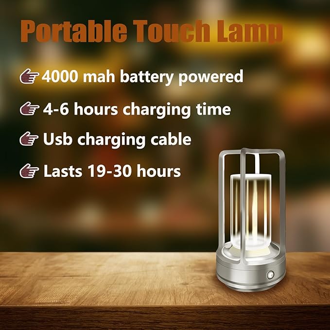 Portable Metal Table Lamp, 4000 mAh Rechargeable Outdoor Table Lights, 3 Color Stepless Dimmable Cordless Table lamp for Patio, Camping, Coffee Samll Desk Lamp for Indoor/Outdoor (Silver)