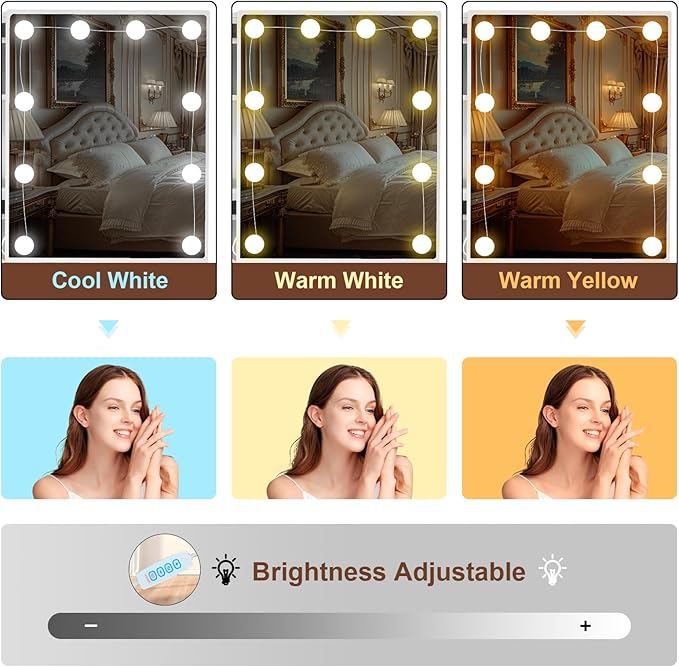 Black Vanity Set with 6 Storage Drawers & Silver Handles, Bedroom Vanity Desk Table Dressing Bench Stool with Hollywood Makeup Mirror and Lights 3 Colors Adjustable Brightness for Girls