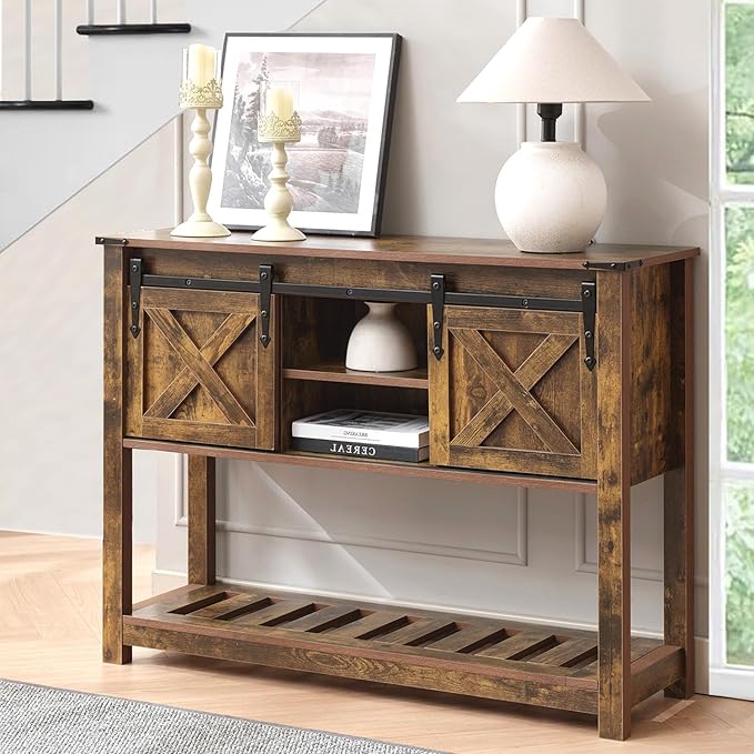 Brown Farmhouse Console Table for Entryway, Sofa Table with Storage Shelf, Hallway Tables with Sliding Barn Doors, Entry Tables for Foyer, Living Room