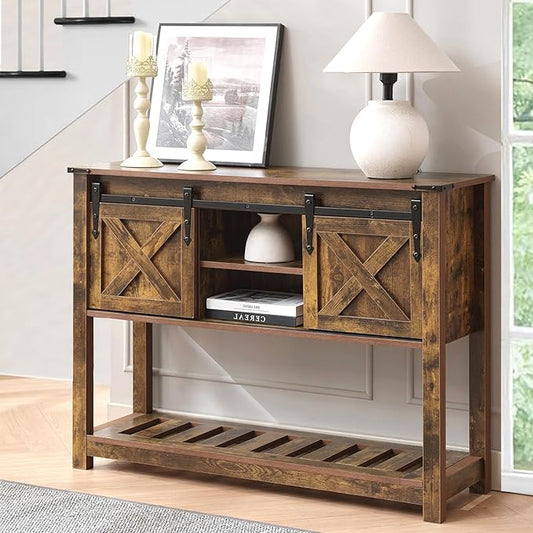 Brown Farmhouse Console Table for Entryway, Sofa Table with Storage Shelf, Hallway Tables with Sliding Barn Doors, Entry Tables for Foyer, Living Room