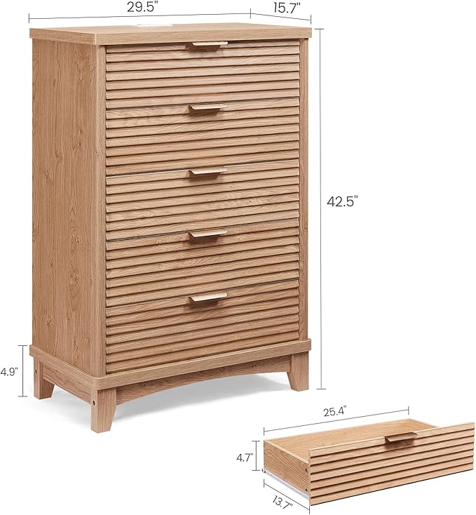 AOGLLATI Black Dresser for Bedroom with Slanted Louvre Design,Retro Chest of Drawers with Charging Station, Wooden Tall 5 Drawer Dresser for Bedroom,Living Room, Hallway, Wood