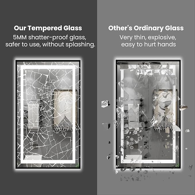 Amorho 50"X36" LED Bathroom Mirror with Black Frame, Front Light and Backlit, Stepless Dimmable, Anti-Fog, Shatter-Proof, Memory, 3 Colors, Double LED Vanity Mirror