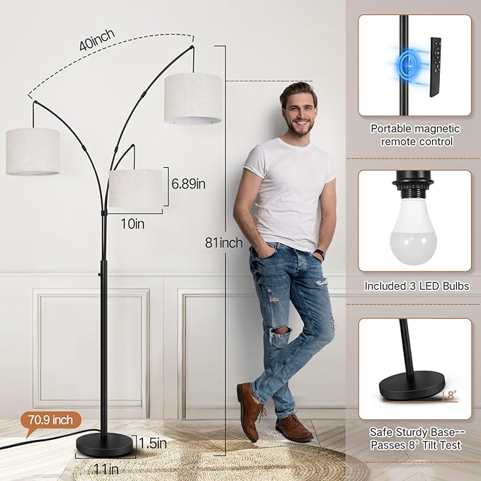 OUTON Arc LED Floor Lamp with Remote Control, Dimmable Modern Black 3 Light Arched Tall Floor Lamp, Mid Century Adjustable Standing Corner Lamps for Bedroom, Office, Living Room, Beige Lampshade