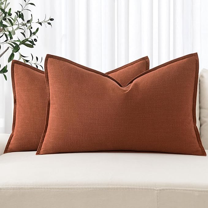 MIULEE Fall Decorative Linen Lumbar Pillow Covers 12x20 Inch Rust Boho Farmhouse Neutral Couch Throw Pillows for Bed Pack of 2 Accent Modern Pillowcase Summer Sofa Livingroom Home Decor