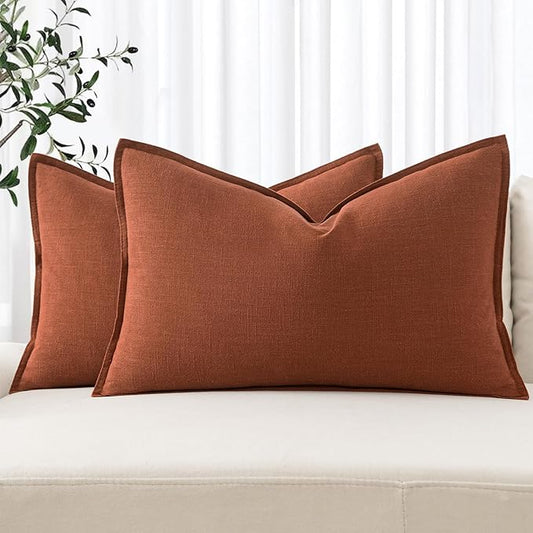 MIULEE Fall Decorative Linen Lumbar Pillow Covers 12x20 Inch Rust Boho Farmhouse Neutral Couch Throw Pillows for Bed Pack of 2 Accent Modern Pillowcase Summer Sofa Livingroom Home Decor