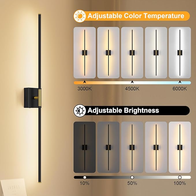 Battery Operated Wall Sconce Set of Two with Remote Control, 3000K-6000K Dimmable Black Gold Wall Lights, Timable LED Wireless Wall Sconces, 350° Ratate for Bathroom, Living Room, 39.4 Inch