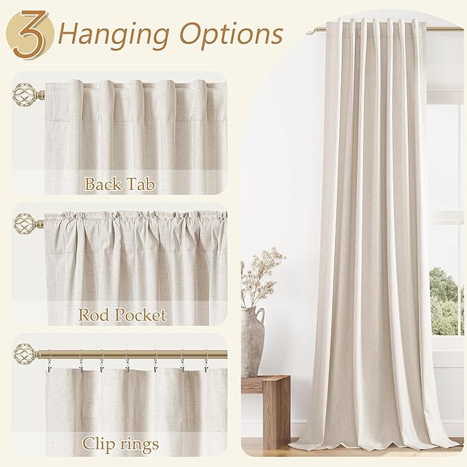 Guken Beige Linen Blackout Curtains 54 Inch Length 2 Panels Set for Living Room Bedroom Back Tab Thermal Insulated 100% Black Out Linen Drapes Room Darkening Window Curtains 54 Inches Long