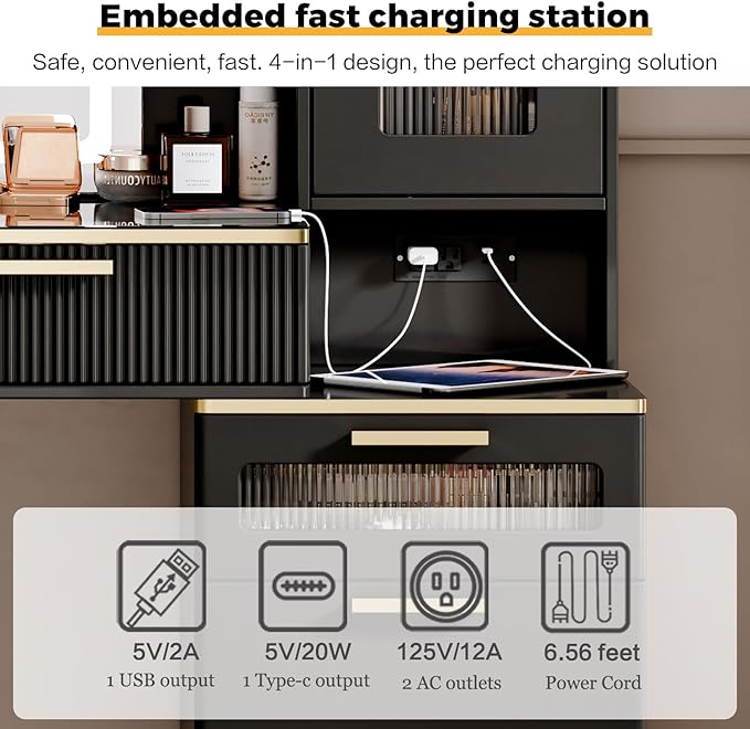 47.24" Big Modern Vanity Desk with Mirror and Lights, Vanity Desk with 29.53" HD Lighted Mirror, Makeup Vanity with 5 Drawers and Storage Shelves and Charging Station, Black2