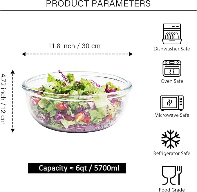 Large Glass Mixing Bowl - 6 Quart Clear Glass Salad Bowls - Glasses Bowl for Sourdough, Bread Making, Kitchen