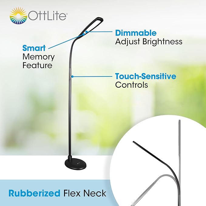 OttLite ClearSun Flex LED Floor Lamp, Touch Activated Controls, Adjustable Neck, Smart Memory Feature, Great for Book Light, Floor Lamps for Living Room, Reading Light, Standing Lamp