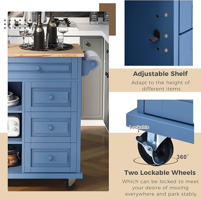 Rolling Kitchen Cart with Rubber Wood Desktop Mobile Kitchen Island with Storage and 5 Drawers for Dining Room Kitchens Living Room 52.8" L*18.1" W*36.2" H Blue