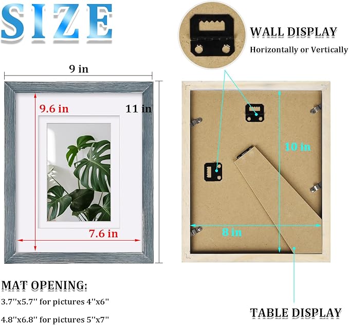 Egofine 8x10 Picture Frame Made of Solid Wood Covered by Plexiglass, Display Pictures 4x6/5x7 with Mat or 8x10 Without Mat for Table Top Display and Wall Mounting Photo Frame, Rustic Blue