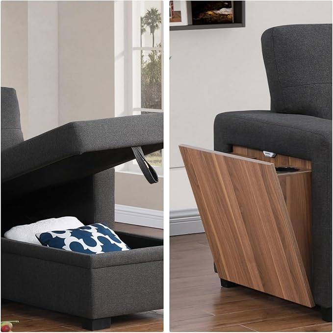 L-Shape Sofa Bed, 92" Sectional Couch with Storage Chaise, Pull Out Sleeper Sofa with Side Compartment, Convertible Corner Couch for Living Room Apartment, Dark Gray