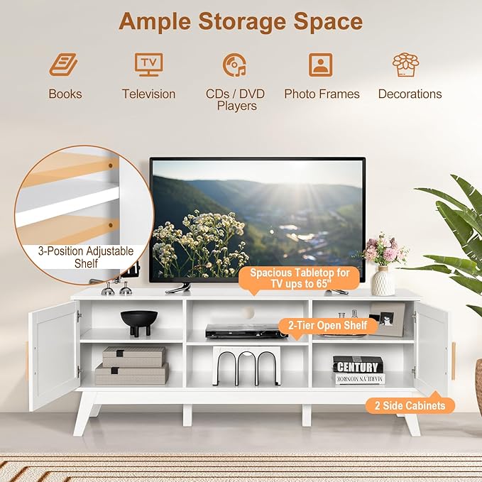 LOKO Natural Rattan TV Stand for 65-Inch TV, Media Storage Cabinet with 2 Doors, Adjustable Shelf, Modern Media Entertainment Center with Cable Management Holes for Living Room, Bedroom