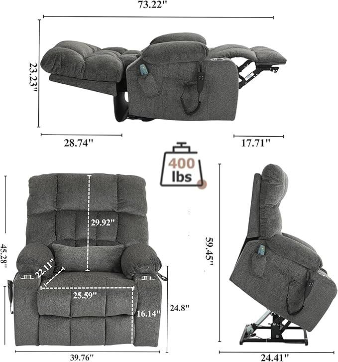 Power Lift Recliner Chair with Massage and Heating for Elderly, Oversized Lay Flat Recliner, Big and Tall 400lbs, Dual Motors, Cup Holders, Heavy Duty, Adults (Grey)