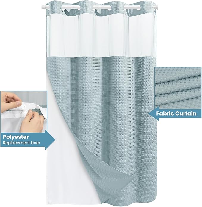 Fog Blue Stall No Hook Shower Curtain with Snap in Liner,230GSM Waffle Weave Shower Curtains for Bathroom,54W x 80H