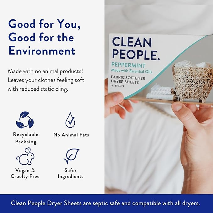 The Clean People Fabric Softener Sheets - Dryer Sheets - Softens & Removes Static Cling - Vegan Laundry Softener, Essential Oils - Peppermint 120 Pack