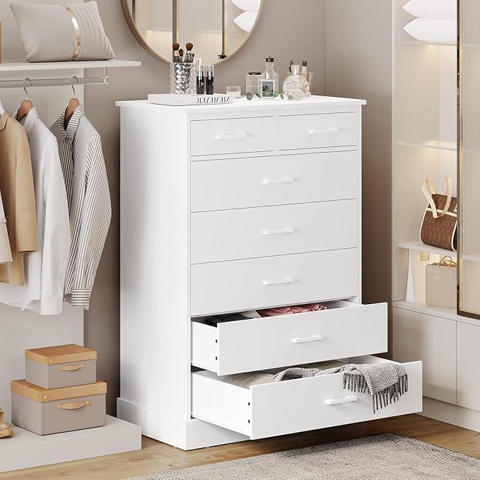 Hasuit White Dresser for Bedroom, Tall 7 Drawer Dresser with Sturdy Base, Wood Storage Tower Clothes Organizer, Large Storage Cabinet, Chest of 7 Drawers for Closet, Living Room, Hallway