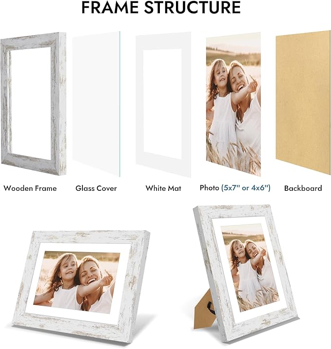 5x7 Picture Frame with Glass, Display Pictures 4x6 with Mat or 5 x 7 without Mat - Wall and Tabletop, 5 by 7 Photo Wooden Frames (Distressed White, 1 Pack)