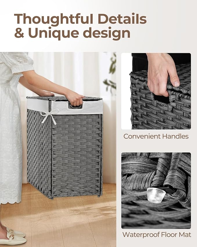 Greenstell Laundry Hamper with lid, No Install Needed, 130L Wicker Laundry Baskets Foldable 2 Removable Liner Bags, 2 Section Clothes Hamper Handwoven Rattan Laundry Basket with Handles, Gray