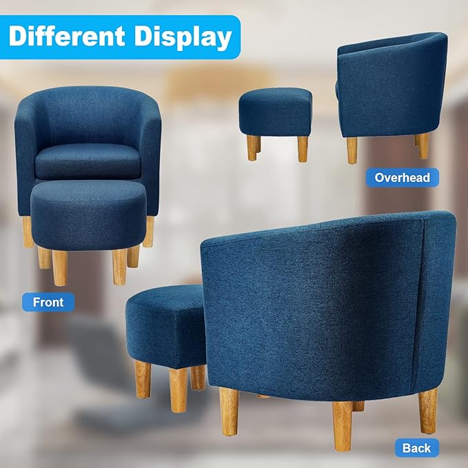 DAZONE Accent Chair, Mid Century Modern Chair with Ottoman, Comfy Arm Footrest Set Comfortable Living Room Chairs Upholstered Barrel Round Club Tub Sofa for Bedroom Reading Room, Blue Set of 1