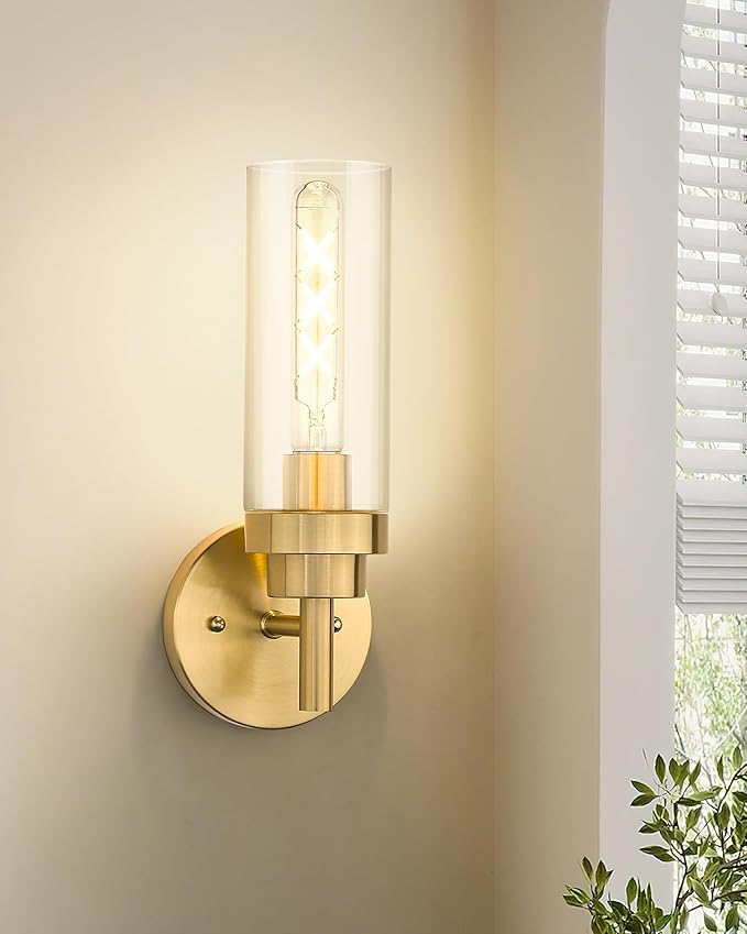 Emak Brushed Gold Sconce, Bathroom Vanity Light with Clear Glass Shade, Modern Wall Light Fixtures for Bathroom, Mirror, Hallway, Bedroom, WS085-BGD
