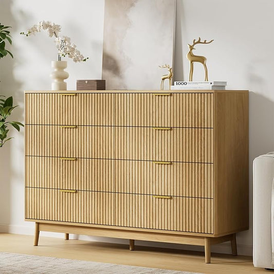 LYNSOM Fluted 8 Drawer Dresser for Bedroom, 55" Wide Modern Chest of Drawers with Curved Profile Design and Metal Handles, Wood Dresser TV Stand & Storage Organizer for Bedroom, Hallway, Oak
