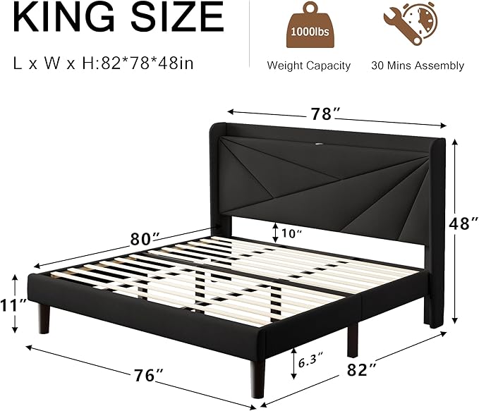 King Size Upholstered Bed Frame with Charging Station, Platform Bed Frame with Storage Headboard, Solid Wood Slats Support, No Box Spring Needed, Black