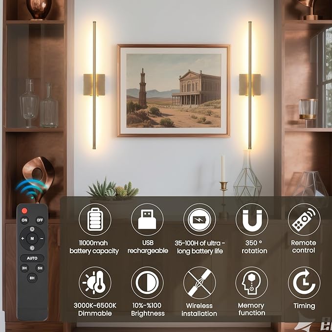 Battery Operated Wall Sconces Set of 2, 11000mAh Rechargeable Brushed Bronze Wireless Wall Lights, 350°Rotate Dimmable Wall Lamp with Remote, 3 Color Temperatures, for Bedroom, Living Room, Hallway