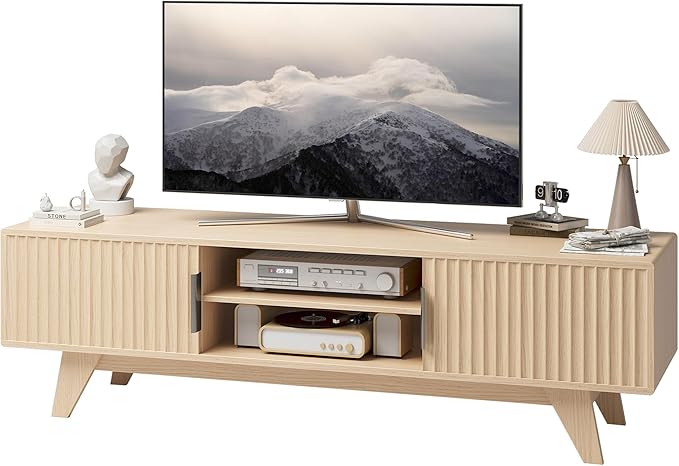 Claiks Mid-Century Modern TV Stand for 65 inch TV, Wood Fluted TV Stand with Storage and Adjustable Shelves, Low Profile TV Console for Living Room, Oak
