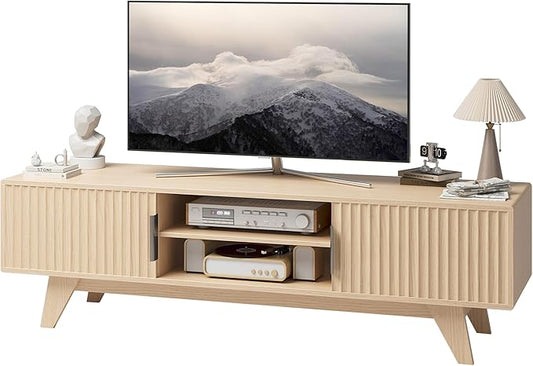 Claiks Mid-Century Modern TV Stand for 65 inch TV, Wood Fluted TV Stand with Storage and Adjustable Shelves, Low Profile TV Console for Living Room, Oak