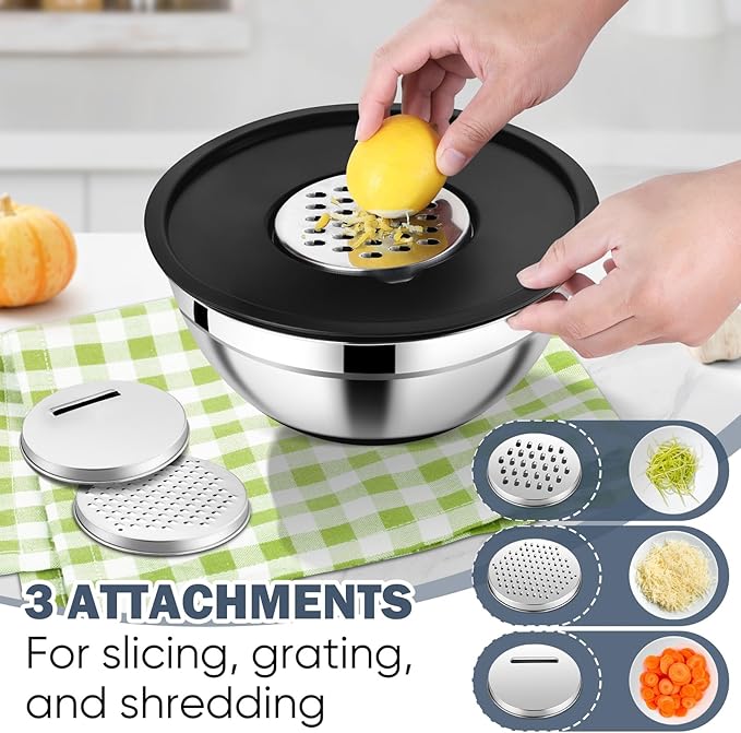 E-far Mixing Bowls with Airtight Lid Set, 25PCS Stainless Steel Nesting Prep Bowls with Grater Attachments Non-Slip Bottoms for Cooking, Baking, Serving, Food Storage, 4.6/2.6/2/1.5/1/0.7QT - Black
