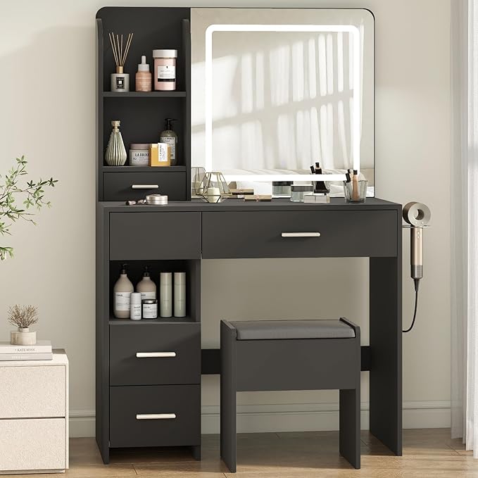 Vanity Desk with Mirror and Lights, 3 Adjustable Lighting Makeup Vanity Desk with 3 Storage Shelves, 5 Large Drawers and Power Outlet, Black Vanity with Chair for Bedroom