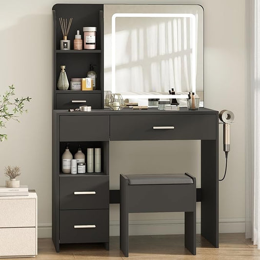 Vanity Desk with Mirror and Lights, 3 Adjustable Lighting Makeup Vanity Desk with 3 Storage Shelves, 5 Large Drawers and Power Outlet, Black Vanity with Chair for Bedroom