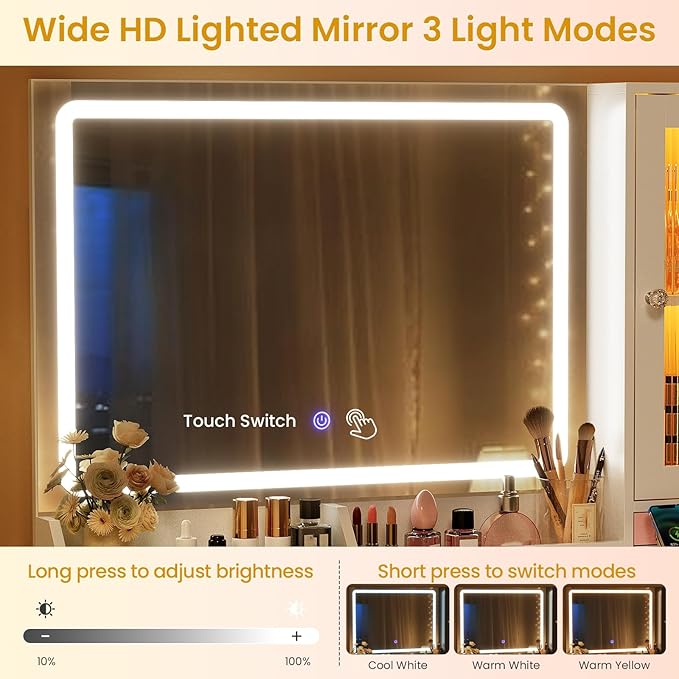 Makeup Vanity Desk with Mirror and Lights & Large LED Cabinet, Vanity Table with 2 Jewelry Boxes, 6 Drawers, and Built-in Shelves, Dressing Table with Power Outlets for Women Girls Bedroom, White