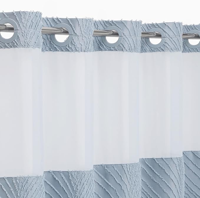 No Hook Boho Blue Shower Curtain and Liner Set, Modern Baby Blue Shower Curtain with Snap in Liner, Hotel Style with See Through Top Window Shower Curtains for Luxury Bathroom Decor, 72x74
