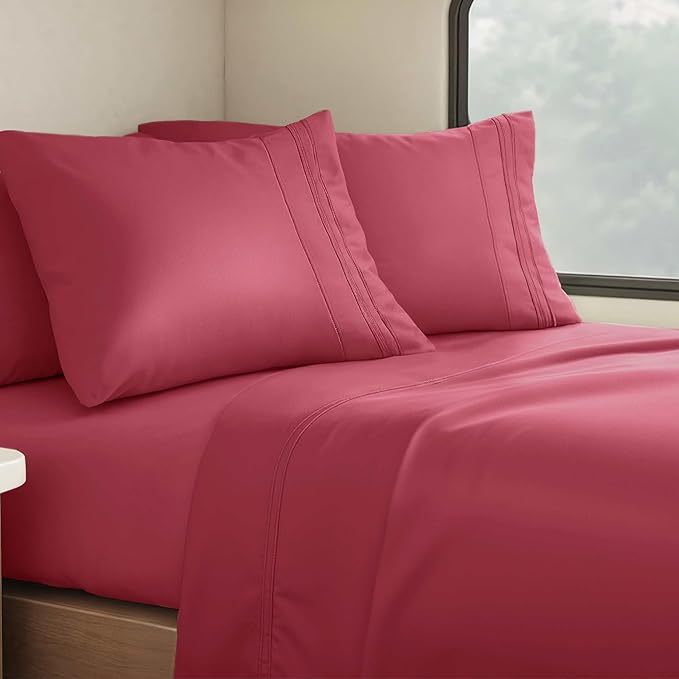 Clara Clark Bed Sheets, Premier 1800 Series 4 Piece RV Queen Sheet Set, Luxury Soft Sheets for RV Bunks, Short Queen - Burgundy Red