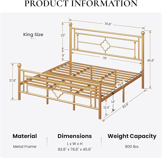 SHA CERLIN 14 Inches King Size Metal Platform Bed Frame/Vintage Iron-Art Headboard and Footboard/Mattress Foundation for Storage/No Box Spring Needed/Noise-Free/Easy Assembly/Gold