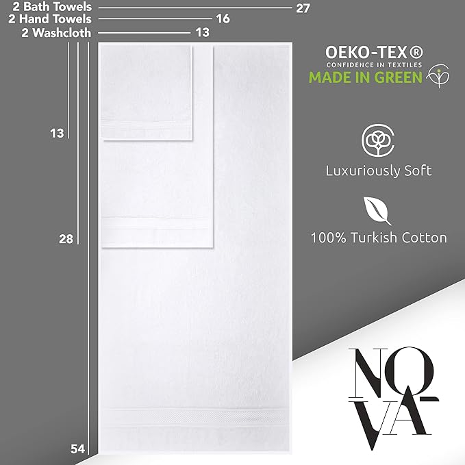 NOVA Luxury Linen - Hotel Quality Turkish Towel Set for Bathroom (6 Pcs Towel Set, Pure White)