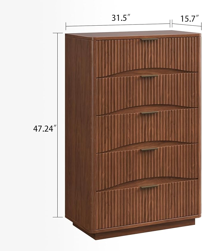Fluted 5 Drawers Dresser, 47" Tall Wooden Dressers Storage Organizer,Modern Chest of Drawers for Bedroom with Deep Storage, Living Room,Entryway, Walnut