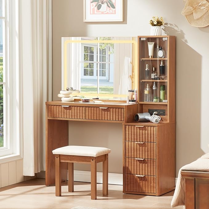 LEYAOYAO Vanity Desk with Mirror and Lights with Stool, 43.5'' Fluted Makeup Vanity with 6 Drawers and Adjustable Shelves,Wood Make Up Vanity Set with Glass Top and Power Outlet for Bedroom