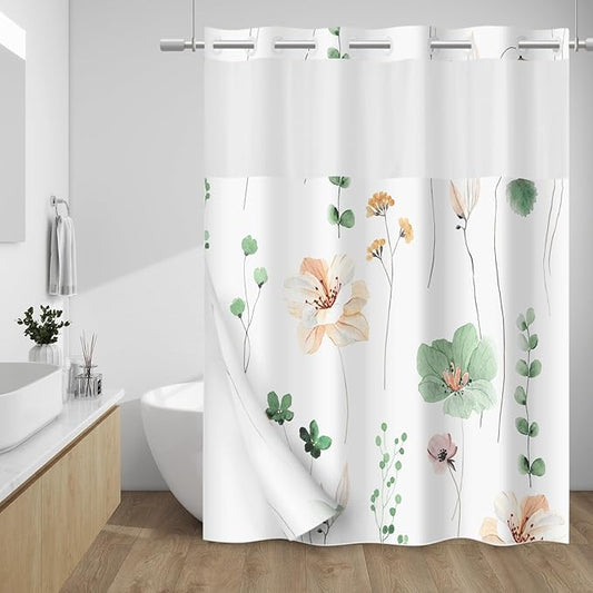 No Hook Shower Curtain with Snap in Liner - Floral Shower Curtain - Fabric Waterproof Inner Liner, Plants Watercolor Sage Green Modern Cloth Shower Curtains - Machine Washable, 71 x 80