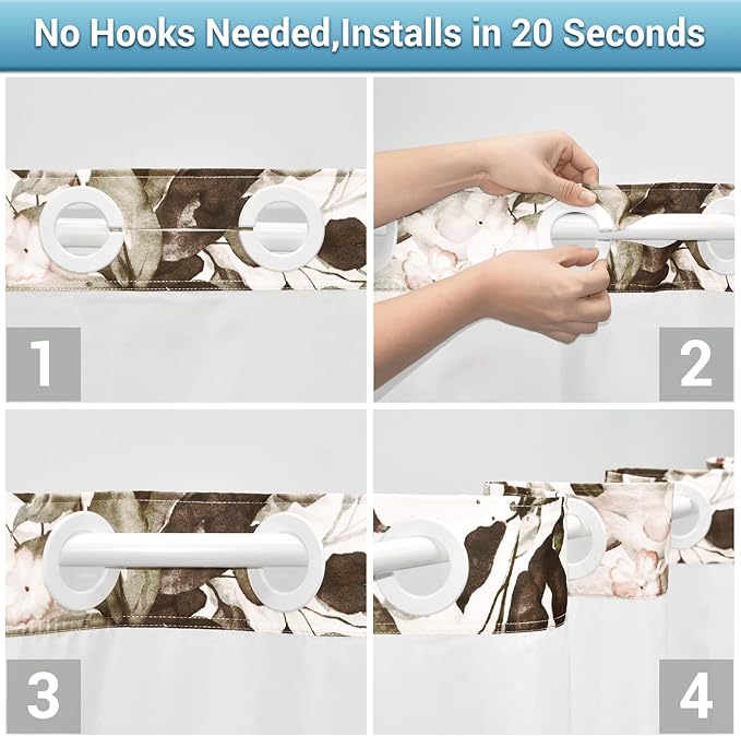 No Hook Shower Curtain with Snap in Liner - Eucalyptus Shower Curtain - Washable Waterproof Inner Liner, Plants Taupe Leaves Modern Shower Curtains - Machine Washable, 71 x 74