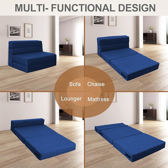 Folding Sofa Bed Couch Memory Foam with Pillow Sleeper Chair Lazy Couch Twin Size Futon Convertible Guest Beds,Washable Cover,Dark Blue