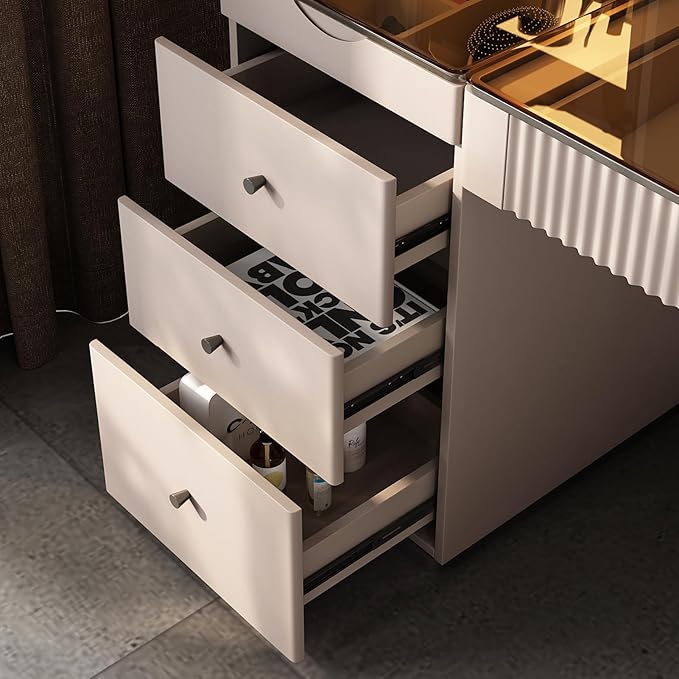 Lartis Vanity Desk with Mirror and Lights | Makeup Vanity Table with Stool Dressing Table with Drawers Vanity with Lighted Mirror and Side Cabinet for Bedroom