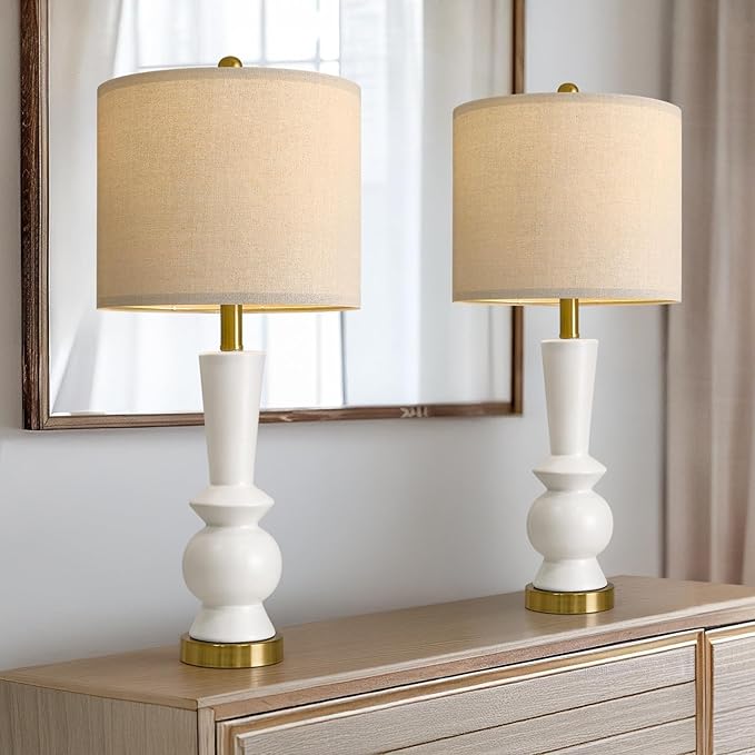 PORTRES 27" Modern Ceramic Table Lamp Set of 2 for Living Room White & Gold Bedside Lamps for Bedroom Nightstand Lamp Tall End Table Lamps