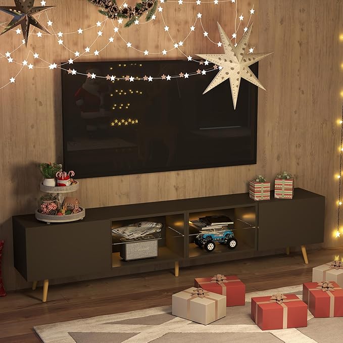 Bonzy Home 86" TV Stand, Modern Entertainment Center for 75" TV, Television Console Table with Storage Cabinets for Living Room, Grey