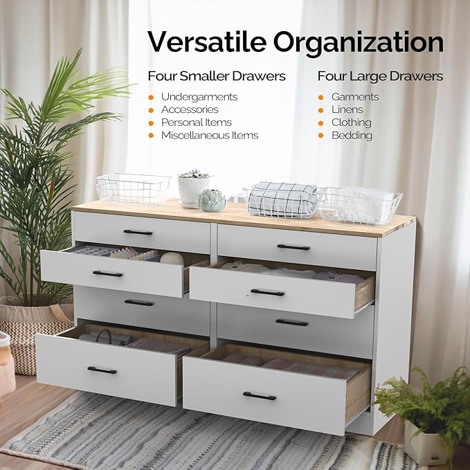 VINGLI 8 Drawer Dresser 56" Long Dresser White, Wood Dresser for Bedroom, Wood Dresser Chest of Drawers, Storage Dresser Cabinet, Modern Dresser, Large Dresser, Nursery Dresser, Brown Top