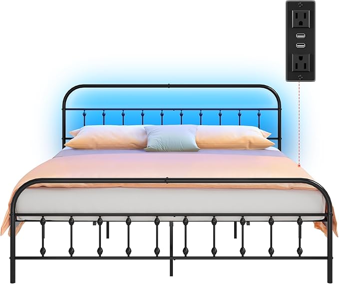 WLIVE Bed Frame King Size, King Size Bed Frame with Storage and Headboard, King Bed Frames with LED Lights and Charging Station, Black