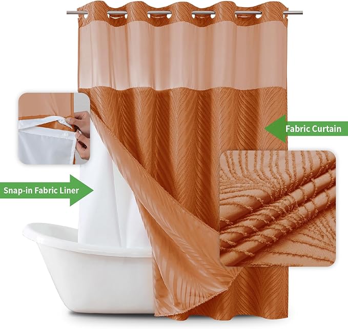 no Hook Shower Curtain and Liner Set，Boho Style with See Through Top Window, BurntOrange Fabric Tufted Striped Textured Outer Curtain & Waterproof Inner Liner, Orange, 71Wx86H